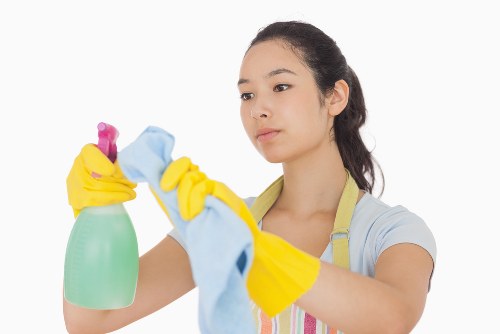 Office cleaner in a W1S commercial workspace with reception area cleaning