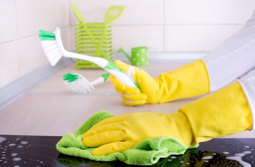 Cleaner tidying a central London kitchen and living space